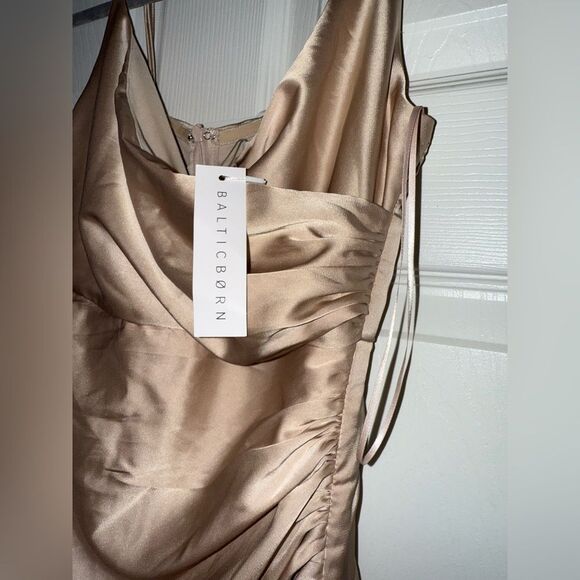 Baltic Born Champagne Silky Cowl Neck Ruched Slit Formal Holiday Dress XS NWT - Picture 5 of 9